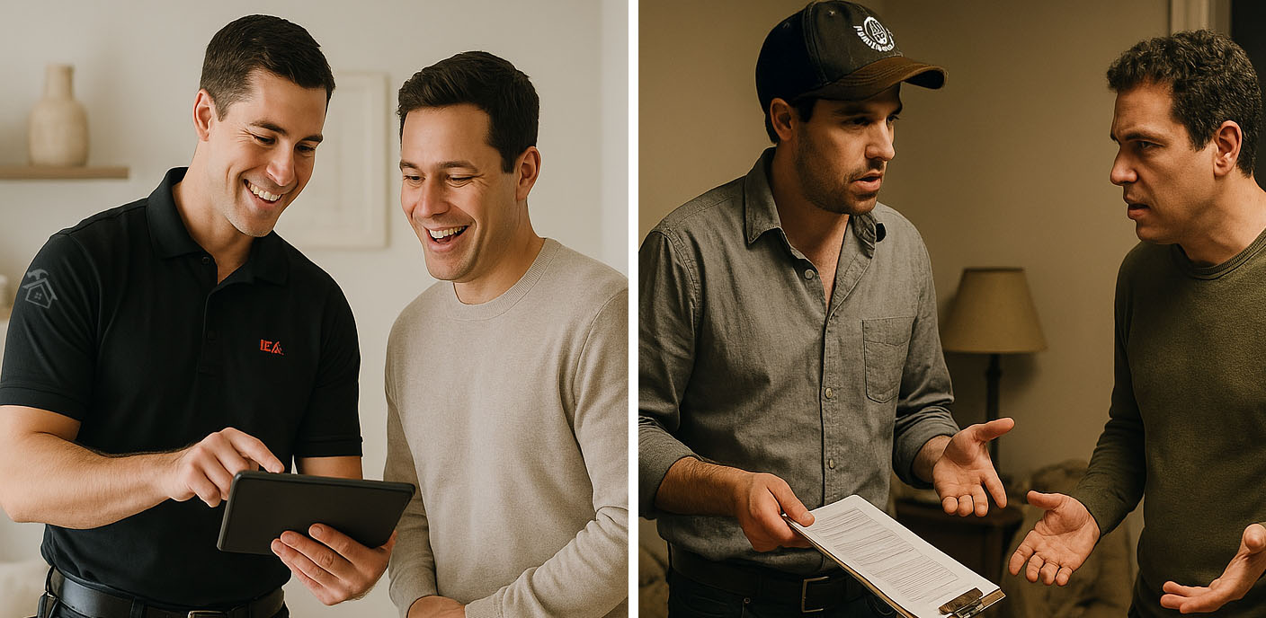 Side-by-side images depicting two interactions: First, two men cheerfully review information on a tablet in a bright setting. Second, the same two men appear in a more subdued setting, engaged in a serious conversation, with one holding a clipboard and the other expressing a point.