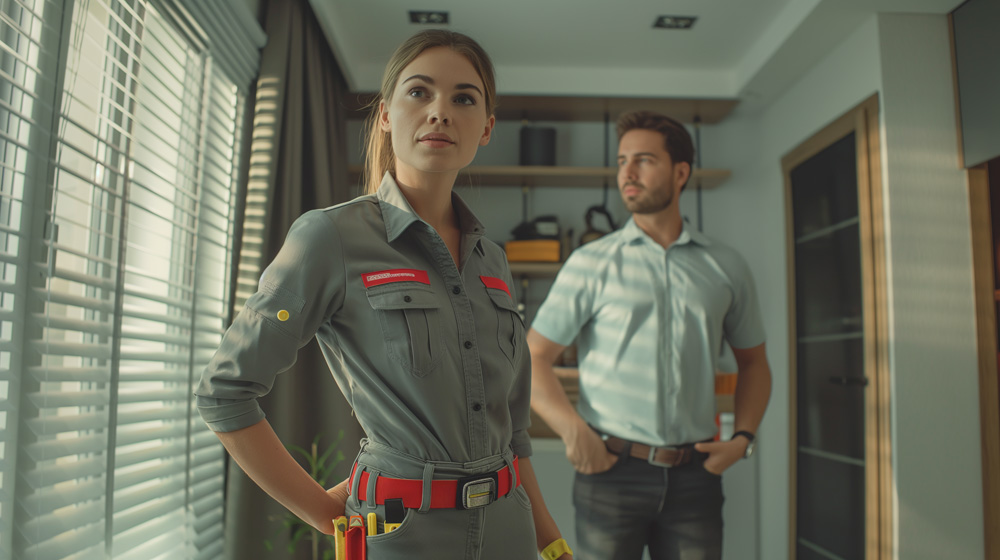 wo service professionals, a woman in the foreground with a tool belt and a man in the background, in a residential or office setting.