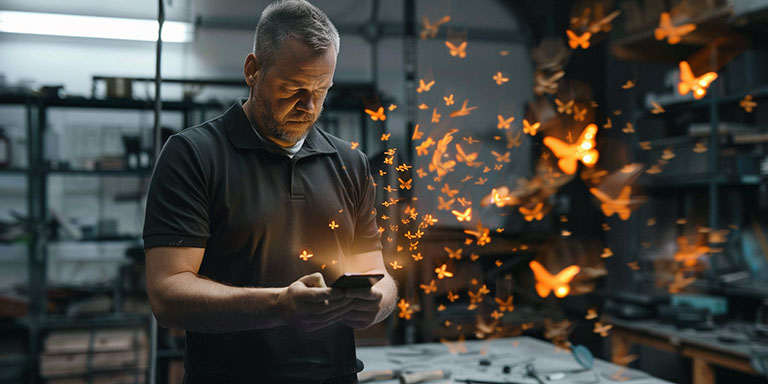A middle-aged man with short, light-colored hair, wearing a dark polo shirt, stands in what appears to be a workshop or studio. He is looking down at his smartphone, from which a swarm of glowing orange and yellow butterflies is emanating and flying upwards and to the right. The background is somewhat blurry but shows shelves and equipment typical of a workspace.