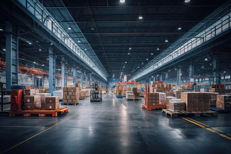 A wide shot of a large, modern warehouse interior with high ceilings, bright overhead lighting, and a polished concrete floor. Numerous pallets stacked high with cardboard boxes are neatly arranged throughout the space, with a yellow forklift visible in the mid-ground.