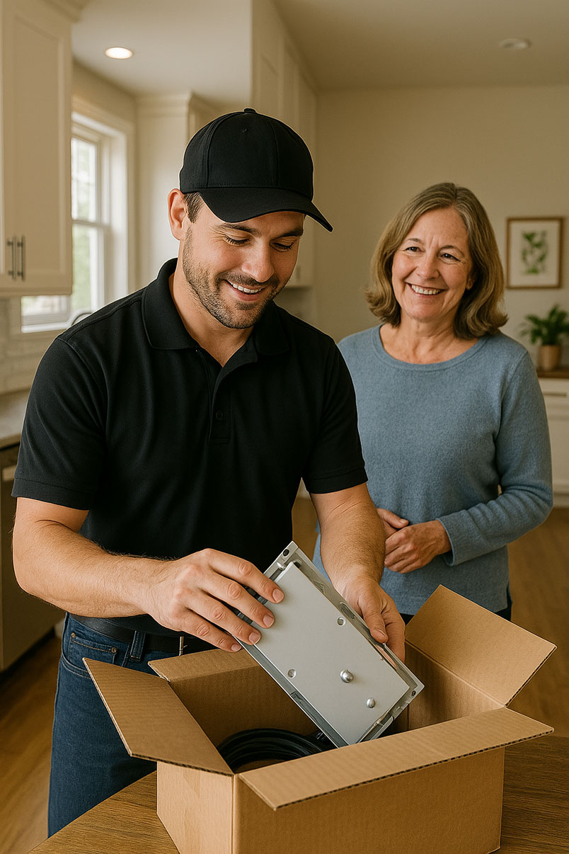 Service professional discussing paperwork and service details with a female customer in her home.
