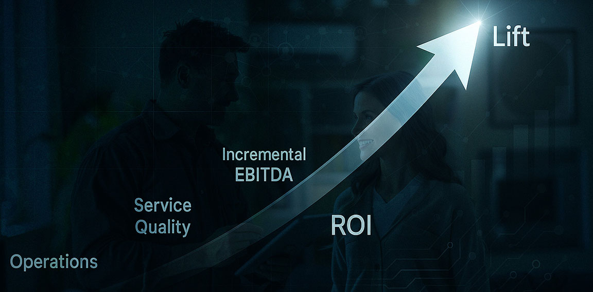 A conceptual image depicting business growth with a large, glowing arrow pointing upwards and to the right. The arrow is overlaid on a background showing two silhouetted figures in an office setting and faint digital graphics. Text labels along the arrow and in the foreground include "Operations," "Service Quality," "Incremental EBITDA," "ROI," and "Lift" at the arrow's peak, symbolizing positive business outcomes.