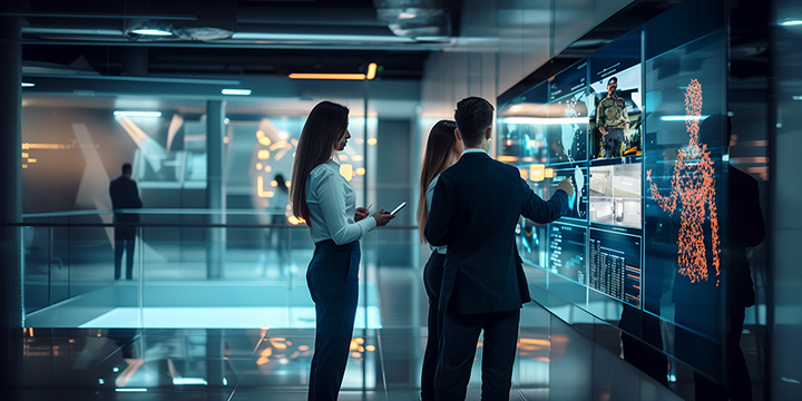 Three professionals in business attire interact with a large, curved digital interface in a modern, high-tech setting. The screen displays complex data visualizations and a video feed.